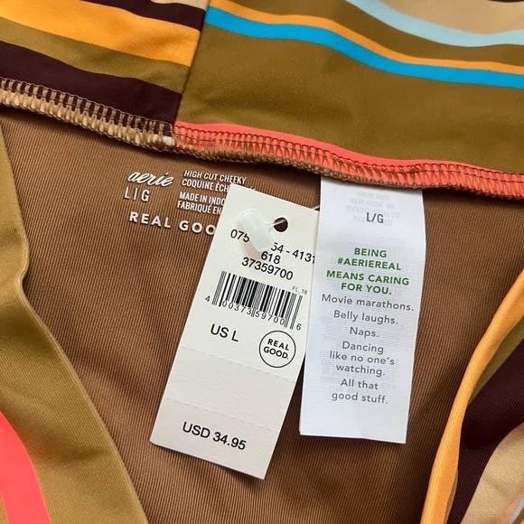 Aerie • NWT Yellow and Brown Blue Striped Bikini Bottom High Cut Cheeky - Picture 6 of 6